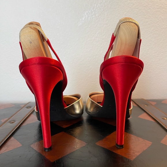 Giambattista Valli Red Satin & Silver Mirror Slingback Pump Heels - Picture 5 of 9